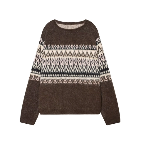 Dames Fair Isle Geometrische Jacquard Trui Ronde Hals Lange Mouwen Pluizige Gebreide Trui Vintage Casual Bruin