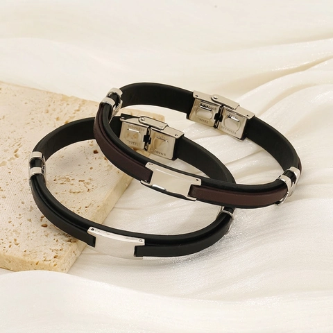 Pulsera De Moda Para Hombre Acier Inoxydable Y Cuero Silicona Doble Capa Color Empalmado Joyería Deportiva Simple