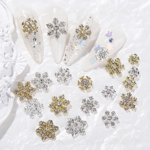Flocon De Neige Nail Art Charms Alliage Strass Noël Hiver 3D Or Argent DIY Manucure Décoration Bijoux Accessoires
