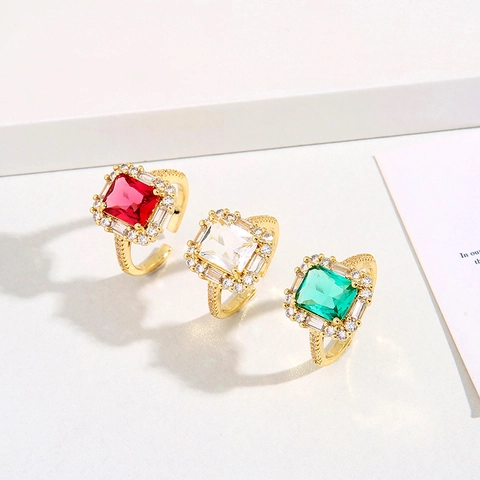 Square Zirconia Ring Copper Gold Plated Adjustable Engagement Fashion Luxury Jewelry Gift For Women