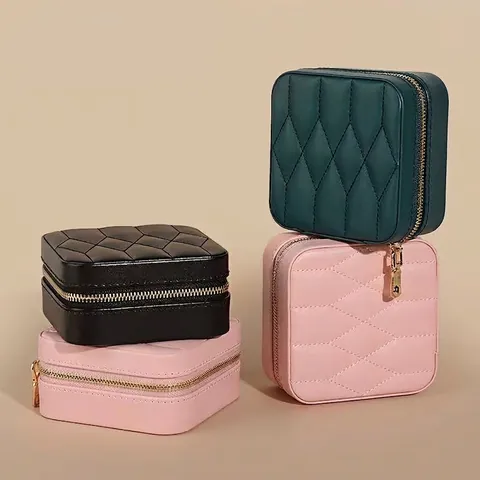 Portagioie Portatile Organizzatore Pelle PU Trapuntata Custodia Da Viaggio Con Specchio Per Anelli Orecchini Collane