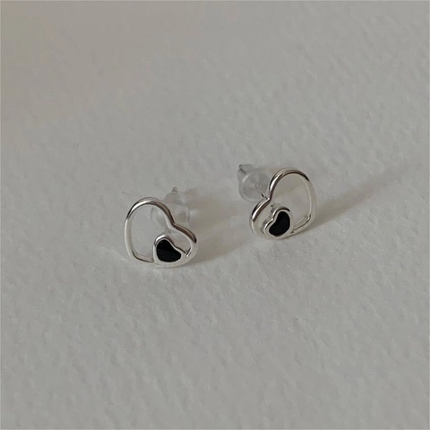 Orecchini A Lobo A Cuore Argento Sterling 925 Smalto Nero Minimalista Geometrico Estetico Stile Coreano Donna