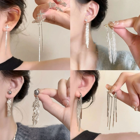 Orecchini Lunghi Con Nappine In Zircone E Strass Con Perno In Argento Sterling 925 Cuore Fiocco Stella Elegante Per Donna