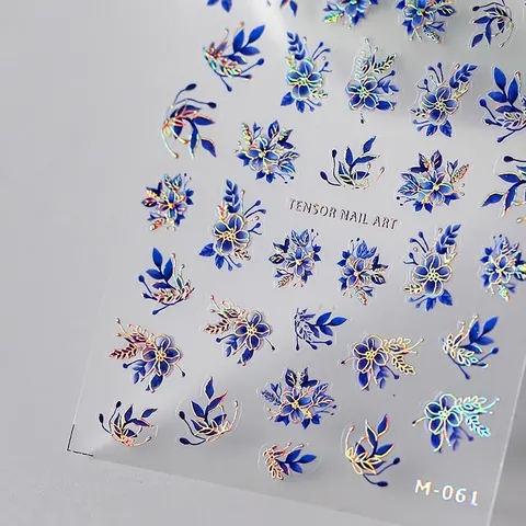 Blue Floral Nail Art Stickers Holographic Laser Gold Edge Self Adhesive Relief Flower Design Women DIY Manicure Decoration