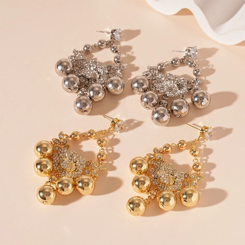 Flower Ball Tassel Drop Earrings With Silver Earring Post Copper Zircon Rhinestone Retro Statement Jewelry For Women