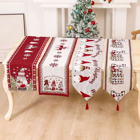 Camino De Table Navidad Poliéster Algodón Jacquard Gnomo Reno Copo De Nieve Borlas Decoración De Mesa Cocina Festiva