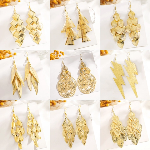 Boheemse Holle Legering Drop Oorbellen Vintage Meerlaagse Blad Geometrische Metalen Oorbellen Met Oorsteker
