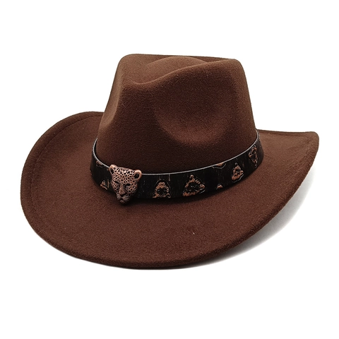 Cappello Da Cowboy Western Retro Fedora A Tesa Larga Feltro In Cotone Poliestere Con Decorazione Fibbia In Metallo Testa Di Leopardo