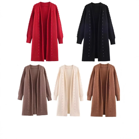 Women Long Knit Cardigan Polyester Rivet Rhinestone Decor Open Front Solid Color Elegant Casual Outwear