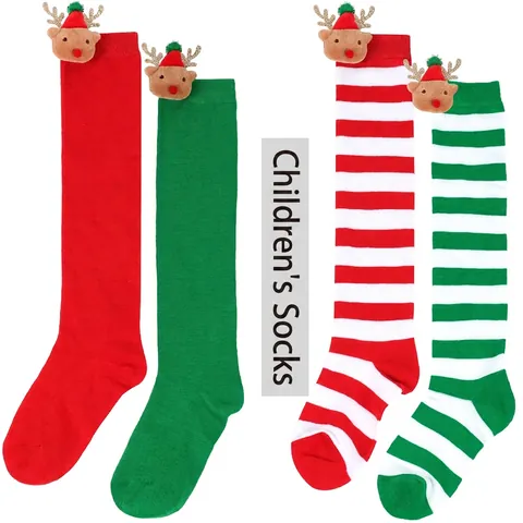 Christmas Children Long Socks Striped Polyester Spandex With 3D Plush Reindeer Doll Holiday Novelty Over The Knee