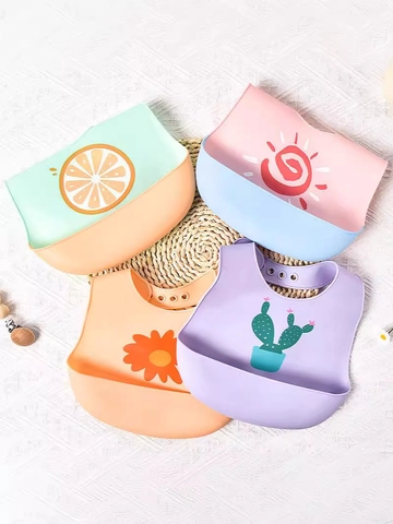 Silicone Baby Bibs Waterproof Food Grade Adjustable Soft Crumb Catcher Pocket Cartoon Print For Infants Toddlers