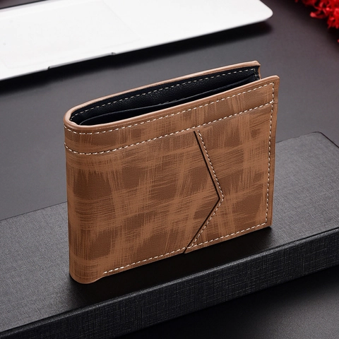 Heren Bifold Portemonnee PU Leer Kruispatroon Business Korte Kaarthouder Met Rits Muntzak Contrast Stiksel