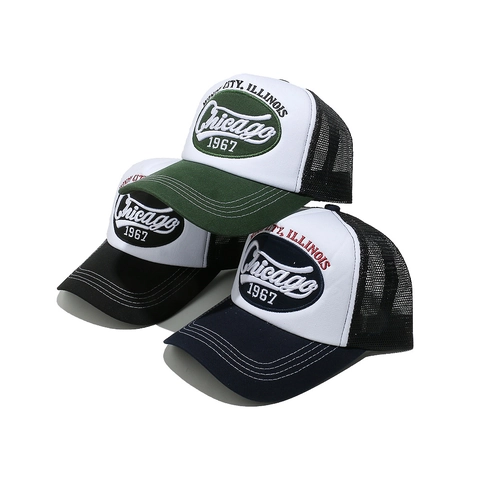 Cappellino Trucker Vintage Mesh Traspirante Chicago Illinois Ricamo Patchwork American Retro Snapback Uomo Donna