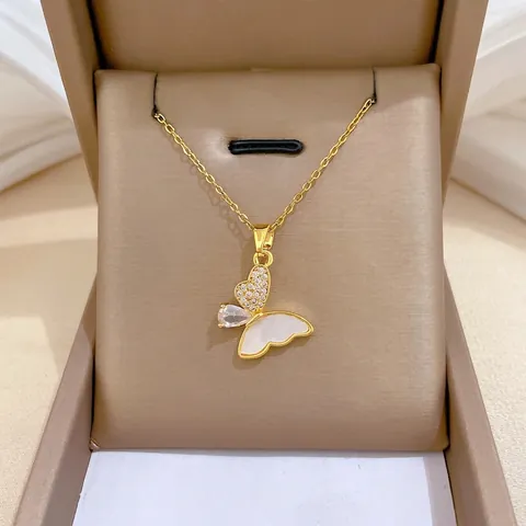Collana Con Ciondolo A Farfalla Con Catena In Acciaio Inossidabile Rame Zircone E Conchiglia Bianca Gioielli Per Donna
