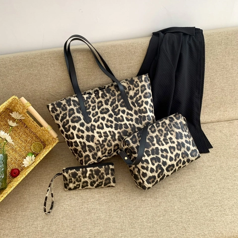 Damen Leopardenmuster Große Kapazität Dreiteiliges Taschenset PU Tragetasche Schultertasche Handtasche Clutch Mode Taschen
