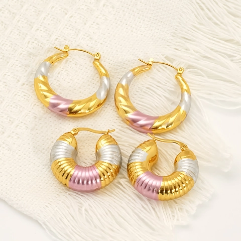 Hoop Earrings Tri-Color 18k Gold Plated 304 Stainless Steel Geometric Textured Fashion Jewelry For Women