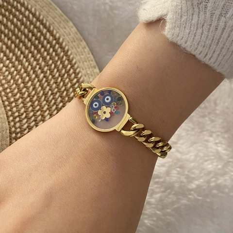 Edelstahl Evil Eye Hamsa Hand Armband Vergoldet Panzerkette Hohle Scheibe Anhänger Damen Modeschmuck Verstellbar