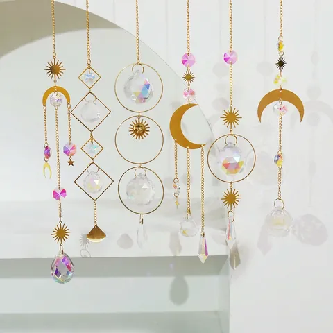 Crystal Suncatcher Hanging Ornaments Gold Metal Prism Rainbow Maker Sun Moon Star Geometric Window Outdoor Garden Decor