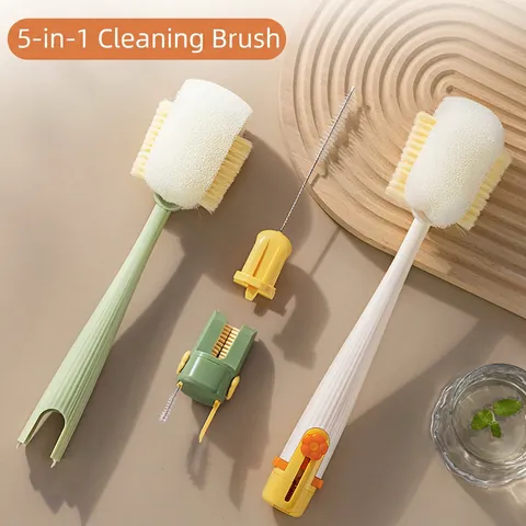 Multifunktionale 5-in-1 Tassenbürste Langer Griff Schwamm Flaschenbürste Sauger Reinigungsbürsten Set Mit Strohhalmbürste Für Den Haushalt