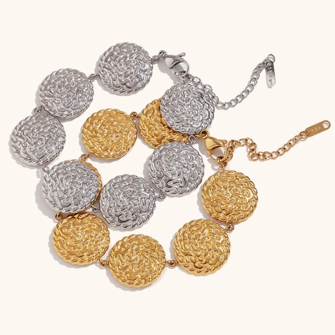 Bracciale A Disco Rotondo Martellato Placcato Oro 18K Acciaio Inossidabile Catena Regolabile Gioielli Vintage Per Donne