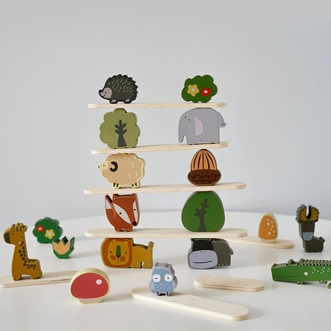 Wooden Animal Stacking Blocks Balancing Game Forest Theme Educational Learning Toys For Toddlers Children Kids Fun