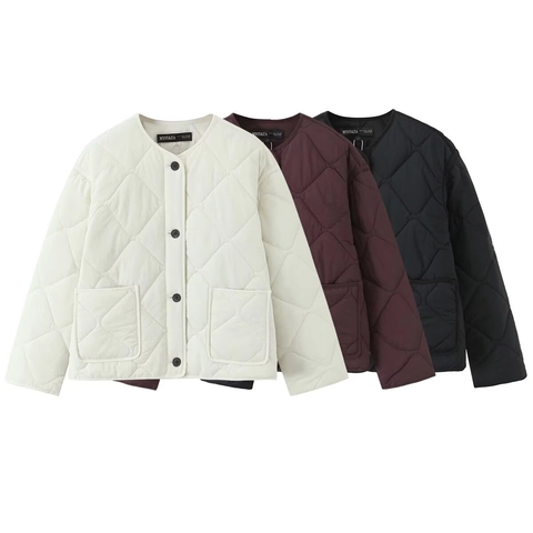 Veste Matelassée Femme Manteau Rembourré Léger Col Rond Boutonné Motif Diamant Avec Poches Style Décontracté