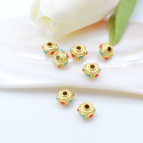 Cuentas Espaciadoras De Aleación Chapadas En Oro Retro Patrón Flores Esmalte Rojo Azul Para Crear Joyas DIY Pulsera Collar
