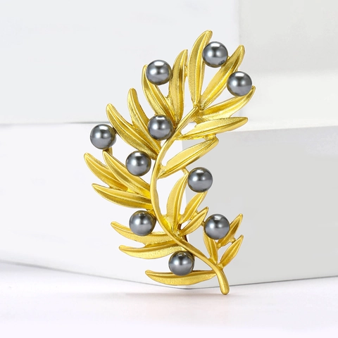 Broche Élégante En Forme De Branche D'Olivier En Alliage Avec Künstliche Perles Grises Accessoire De Mode Mat Pour Femmes
