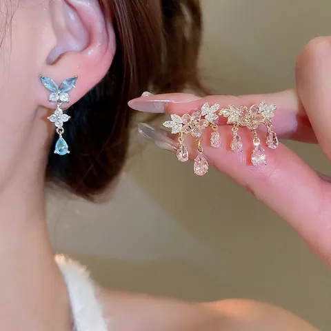 Orecchini Pendenti Con Nappine A Farfalla E Fiori Zircone Rame Gioielli Con Perno In Argento Sterling 925 Dolce Donna