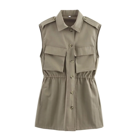 Robe Mini Cargo Sans Manches Pour Femmes Khaki Twill Lavé Col Chemise Simple Boutonnage Poches À Rabat