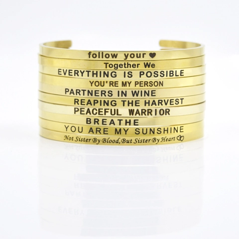 Cuff Bracelet Gold Plated Stainless Steel Engraved Inspirational Quote Open Bangle Minimalist Jewelry For Women