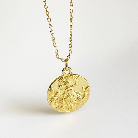 Collar Medallón Sirena Plata De Ley 925 Chapado En Oro 18K Colgante Relieve Moneda Vintage Joyería Retro Mujer