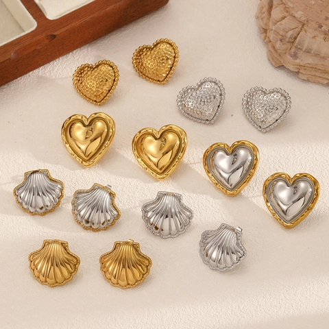 Stainless Steel Stud Earrings Heart Shell Geometric Two Tone Polished Textured Metal Vintage Elegant Jewelry For Women