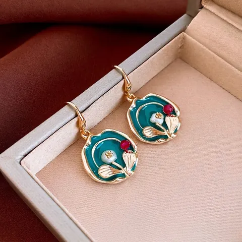 Orecchini Pendenti Vintage In Smalto A Fiori Per Donna Rame Placcato Oro Con Imitazione Perla Artificial E Zircone Rosso