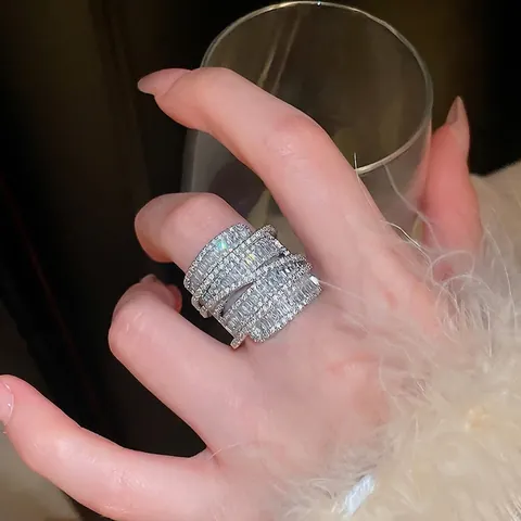Anello A Fascia Larga Da Donna Multistrato Avvolto Rame Zircone Micro Pavè Strass Gioielli Di Lusso Coreani
