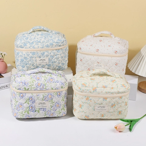 Borsa Trucco In Cotone Trapuntato Floreale Grande Capacità Organizzatore Cosmetici Portatile Beauty Case