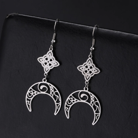 Orecchini a Goccia Luna Nodo della Strega in Acciaio Inossidabile 304 per Donna Orecchini Pendenti Mezzaluna Nodo Celtico Gioielli Etnici Vintage