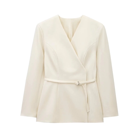 Women Elegant V Neck Blazer Jacket With Waist Belt Long Sleeve Solid Color Slim Fit Office Lady Professional Woven Outerwear
