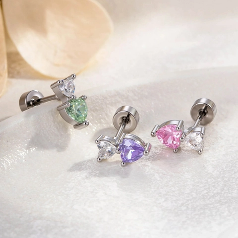 Double Heart Cartilage Earring Stud Titanium Steel Copper Zircon Candy Color Screw Back Piercing For Women Girls