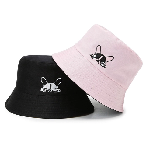 Cappello Alla Pescatora Reversibile Cotone Ricamo Cane Cartone Animato Pieghevole Versatile Protezione Solare Unisex
