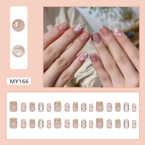 Faux Ongles Press On Champagne French Tip Avec Décoration Pois Strass Künstliche Perle Style Œil De Chat Doux