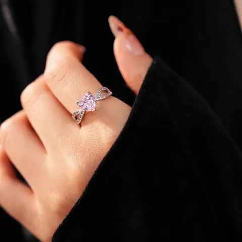 Anillo Corazón Circón Rosa Cobre Abierto Ajustable Exquisito Brillante Lujo Moda Joyería De Mano Para Mujeres Estilo Elegante