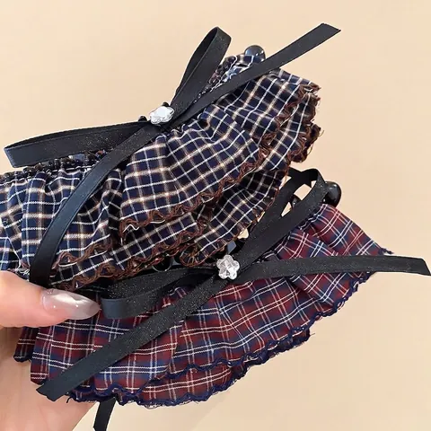 Retro Geruite Stof Haarklem Met Ruches Satijnen Strikje Strass Decor Elegante Haarklem Voor Dames