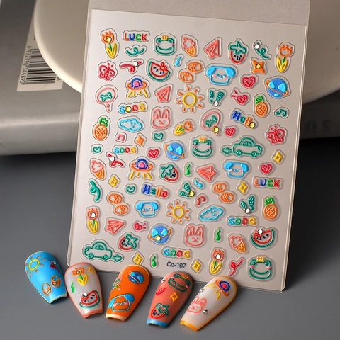 Autocollants À Ongles En Relief 5D 3D Gaufré Dessin Animé Lapin Grenouille Graffiti Imperméable Décoration Nail Art DIY