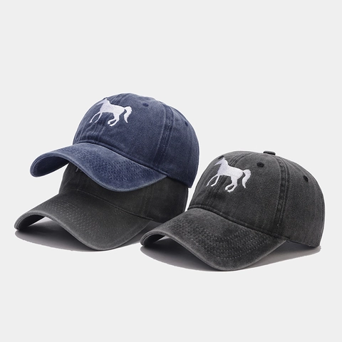 Washed Cotton Baseball Cap With Vintage Horse Embroidery Adjustable Metal Buckle Sun Protection Outdoor Sport Hat For Men And Women
