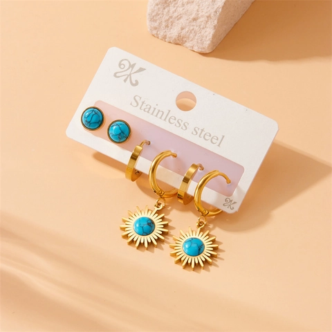 Boucles D'oreilles En Acier Inoxydable Turquoise Vintage Pendentif Soleil Créoles Et Puces Style Bohème Bijoux Femme