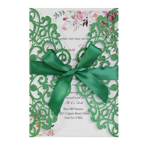 Laser Cut Wedding Invitation Cards Glitter Paper Hollow Floral Engagement Invitations With Ribbon Bow Envelope