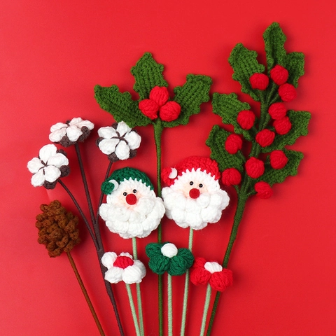 Handmade Crochet Artificial Flower Bouquet Knitted Yarn Poinsettia Santa Claus Branch Christmas Home Decor Holiday Gift