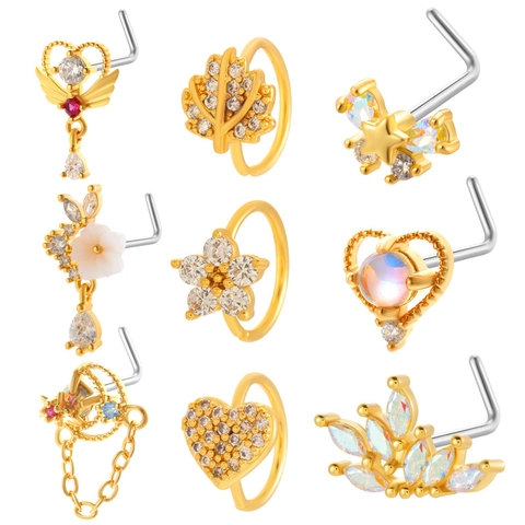 Titanium Steel Nose Stud L Shaped Heart Star Flower Moon Zircon Dangle Chain Body Piercing Jewelry For Women