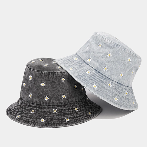 Gorro De Pescador Mezclilla Bordado Floral Margaritas Protección Solar Plegable Casual Para Mujer